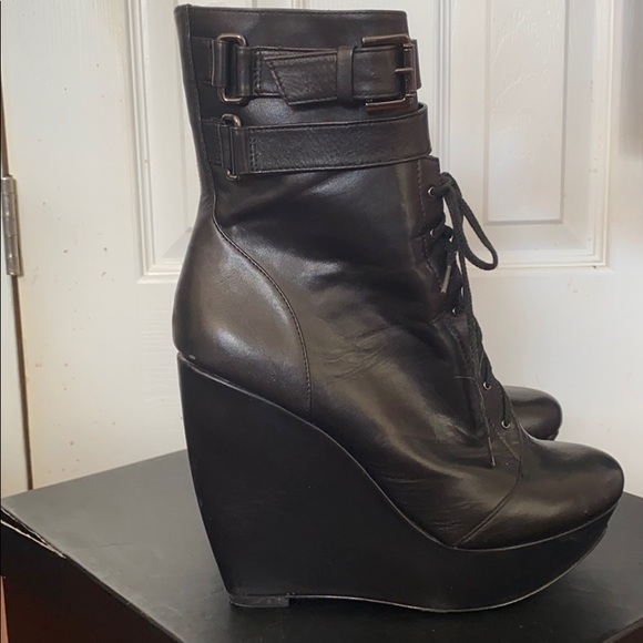 Black Leather Wedge Combat Boot - Picture 1 of 8